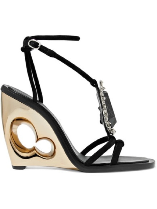 Alexander McQueen Shoes - Alexander McQueen Black Suede T-Strap Wedge Sandals with Gold Sculpted Heel